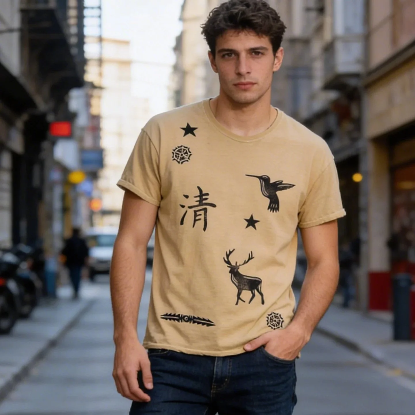 Upcycled Deep Yellow, Pomegranate Tee with Block Print