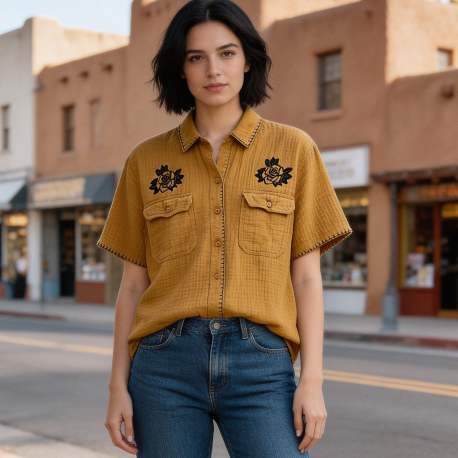 Upcycled brown top with embroidery detail and block prints - Sz Med