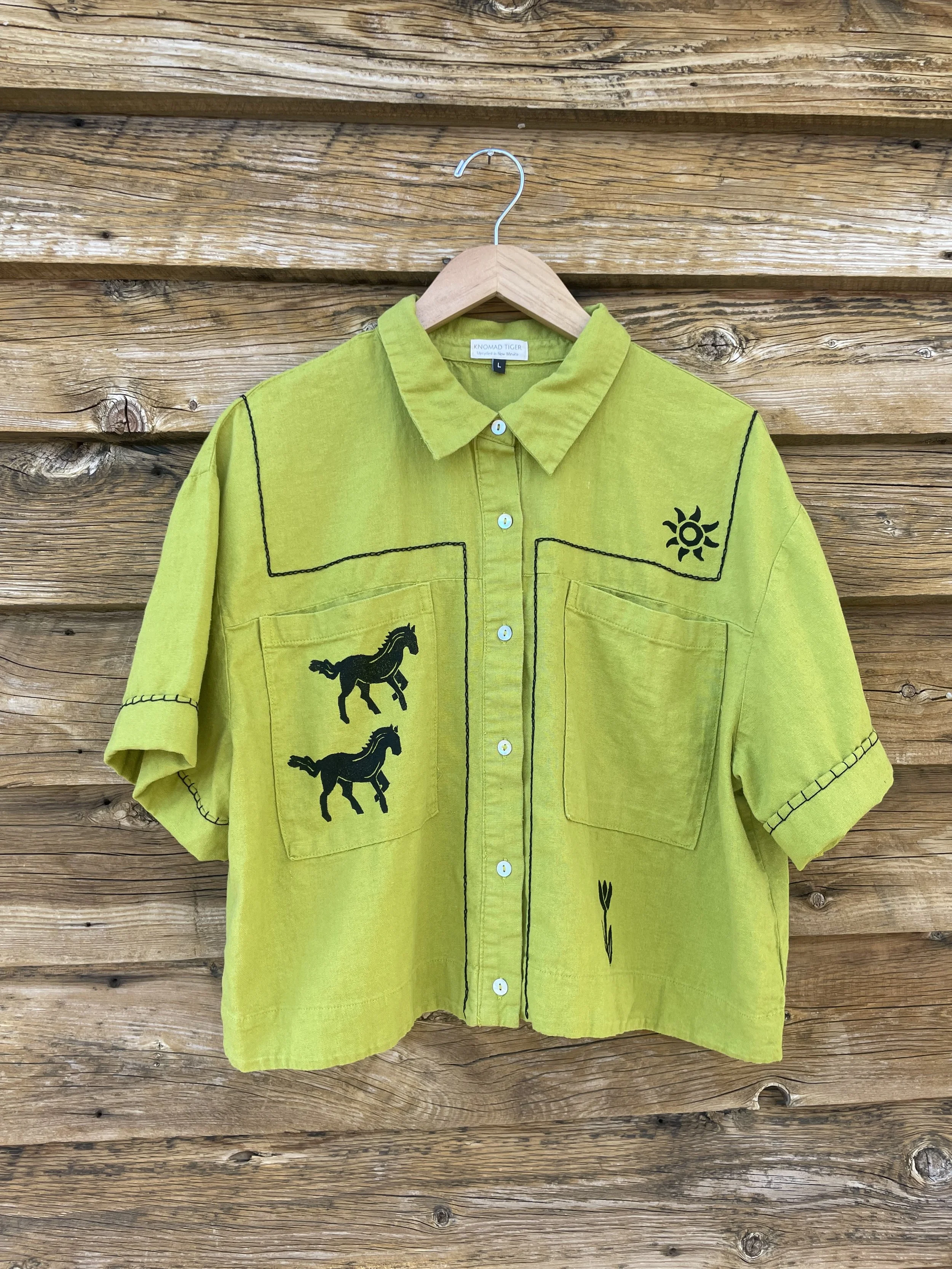 Upcycled Chartreuse Green Short Sleeve Shirt - Large
