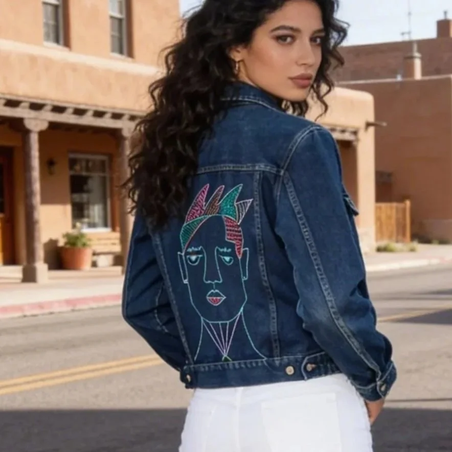 Upcycled Denim Embroidery Jacket - Spikes Sz Sm