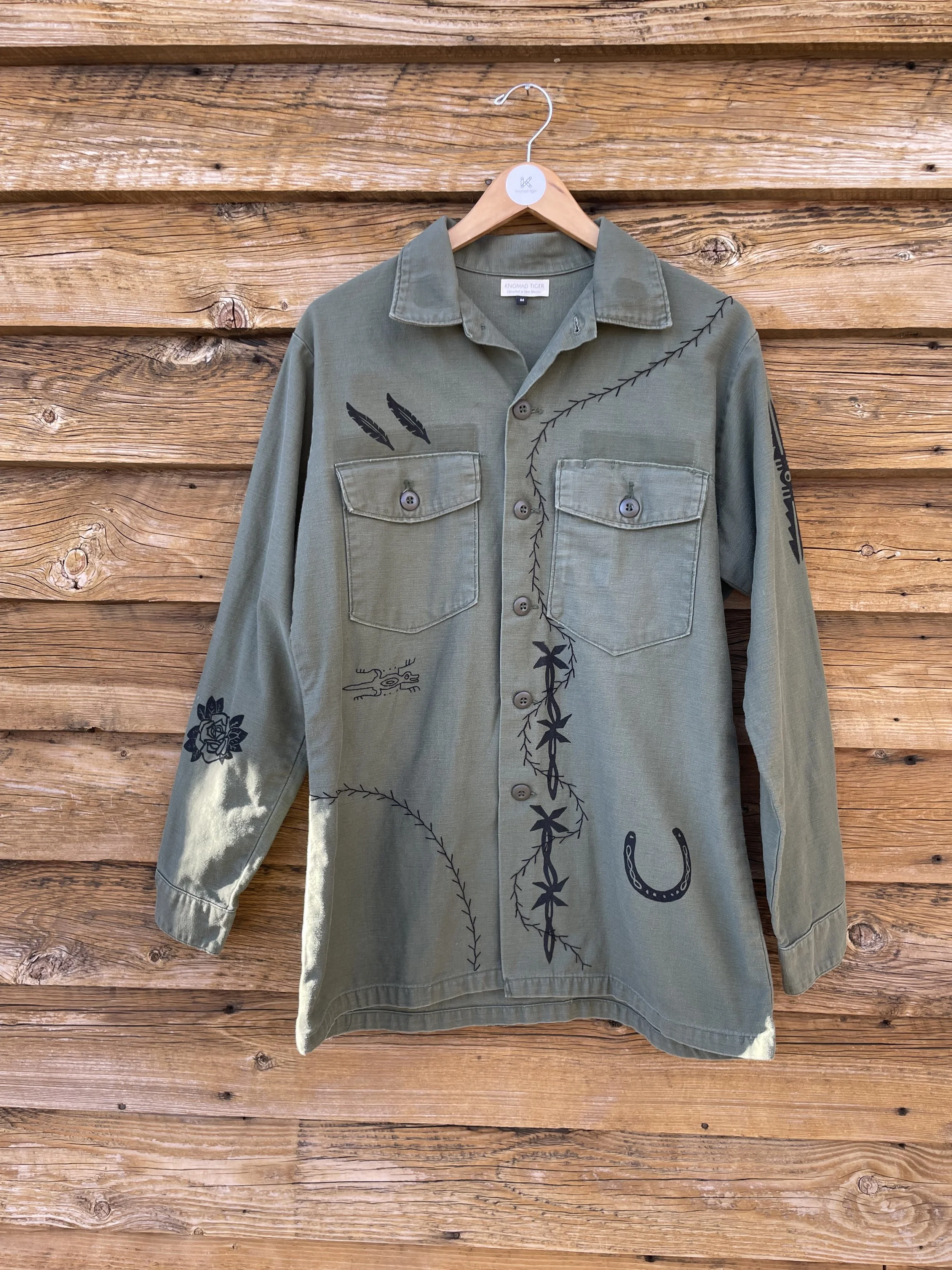 Upcycled Vintage Army Shirt with Block Print and Embroidery