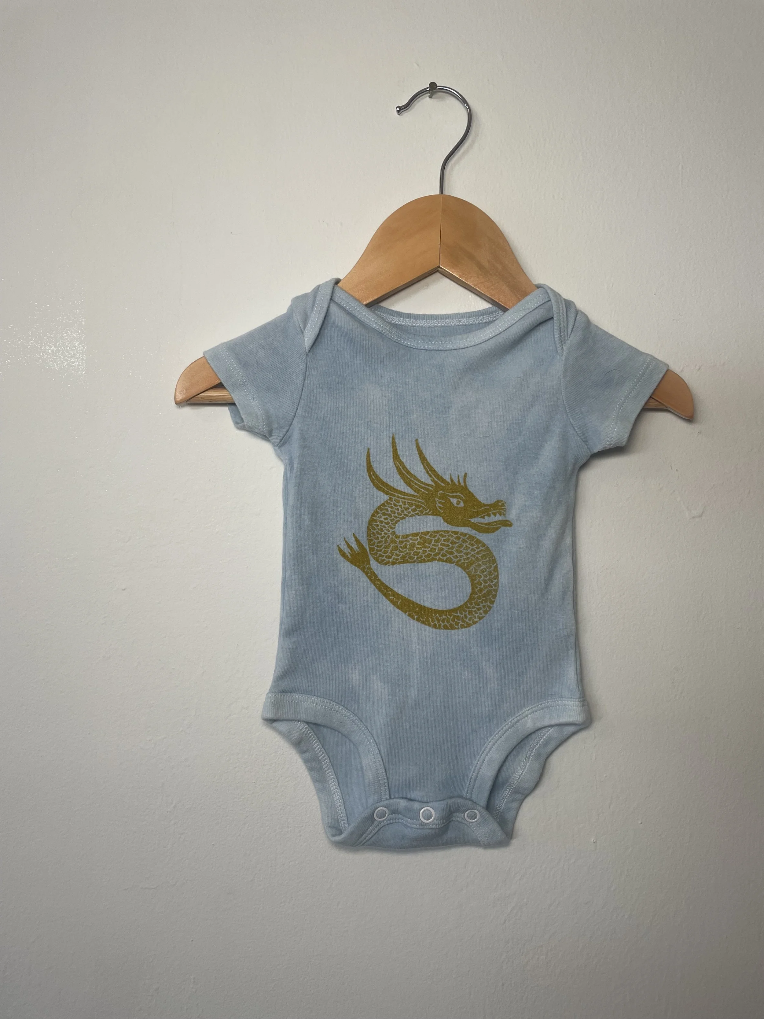 Upcycled Onesie, Indigo Dyed with Dragon Sz 3MO
