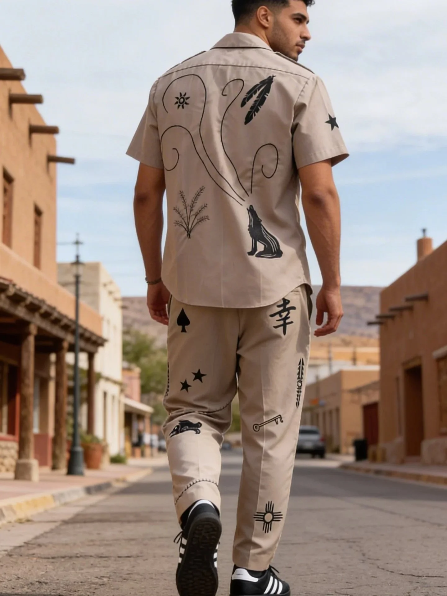 Vintage Khaki Army Uniform Set with Block Printing and Embroidery - Med