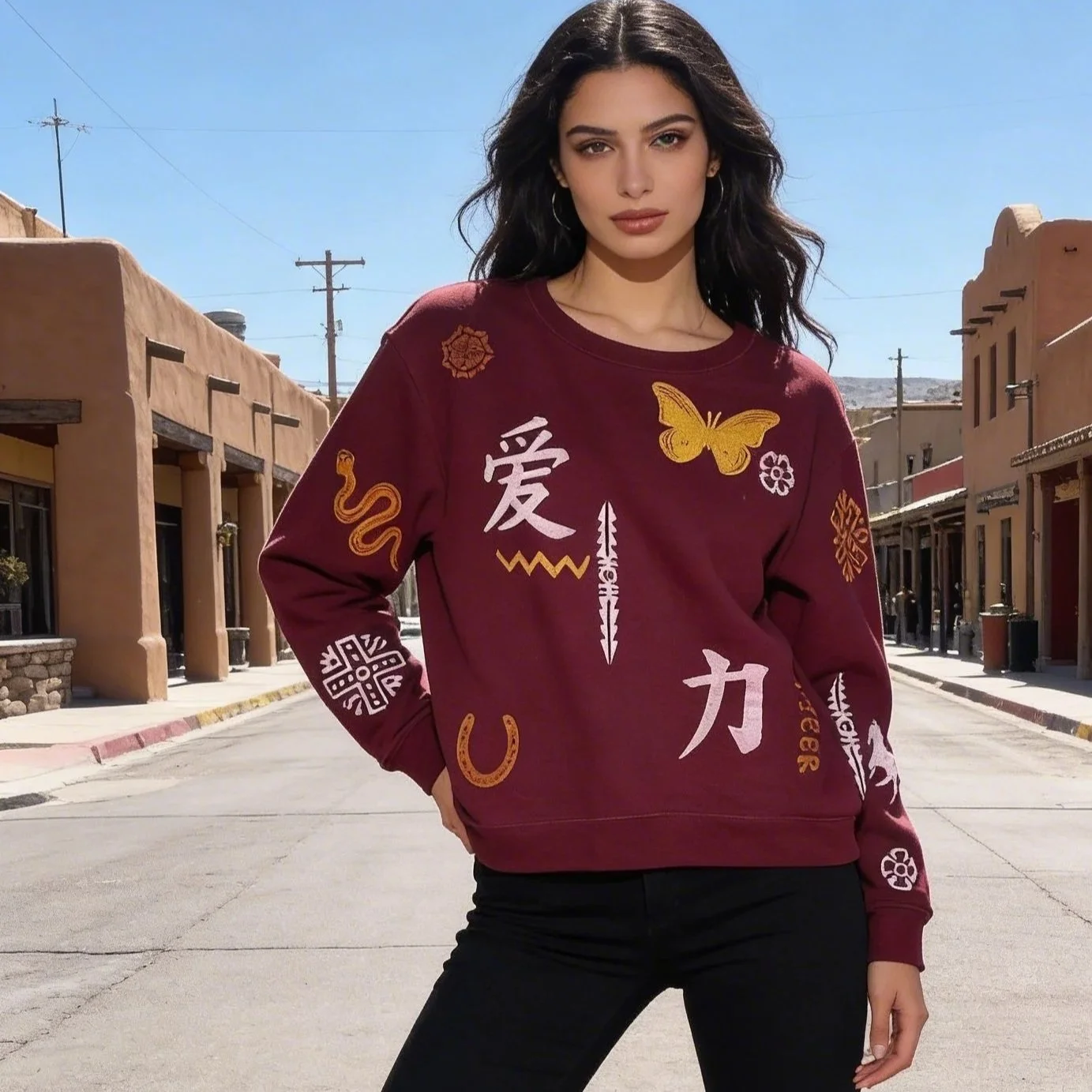 Upcycled Crimson and Gold Sweatshirt with Block Print