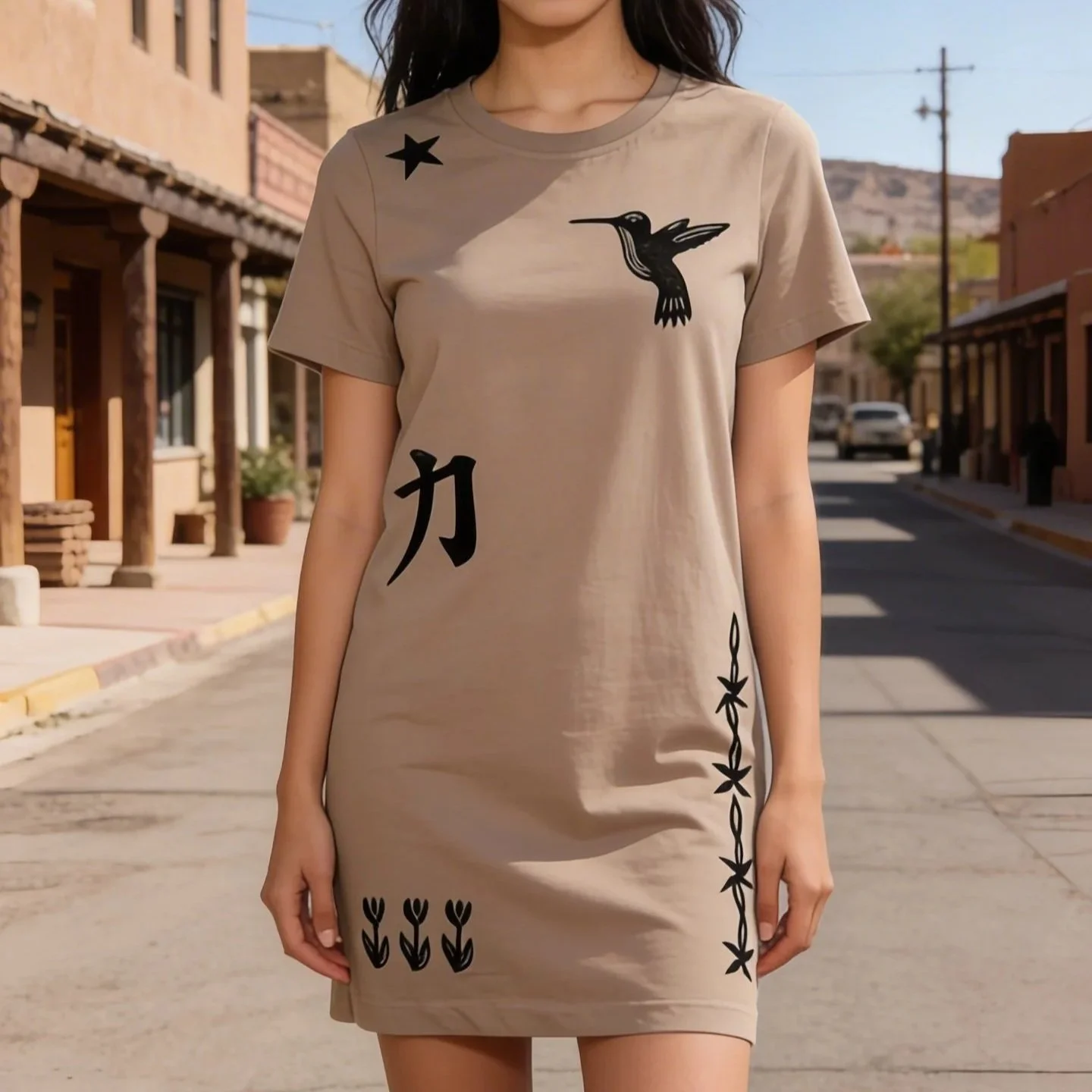 Upcycled Tan Shirtdress with Block Printing