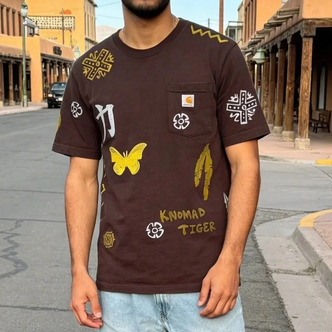 Upcycled Brown Carhartt Tee with Block Print