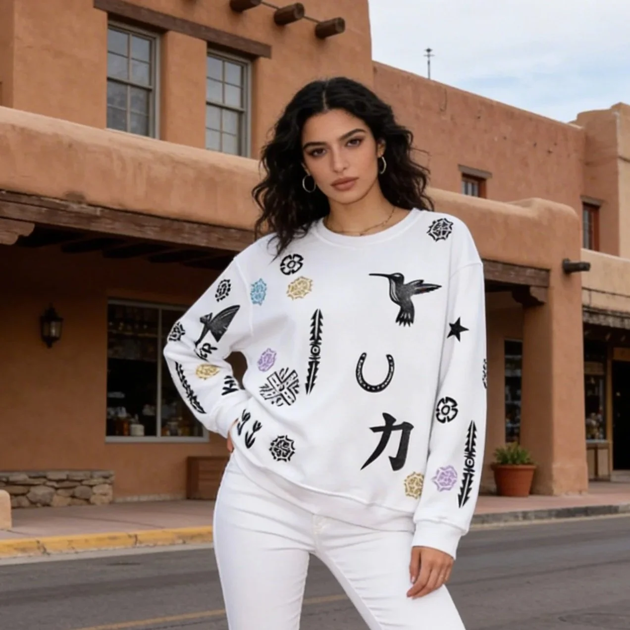 Upcycled Secondhand White Hanes Block Stamped Sweatshirt