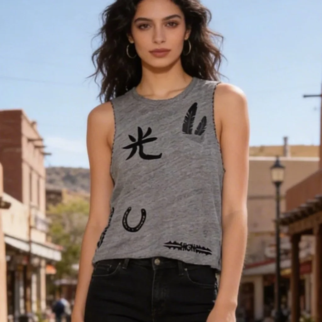 Upcycled Grey Tank with Block Print and Embroidery - XS