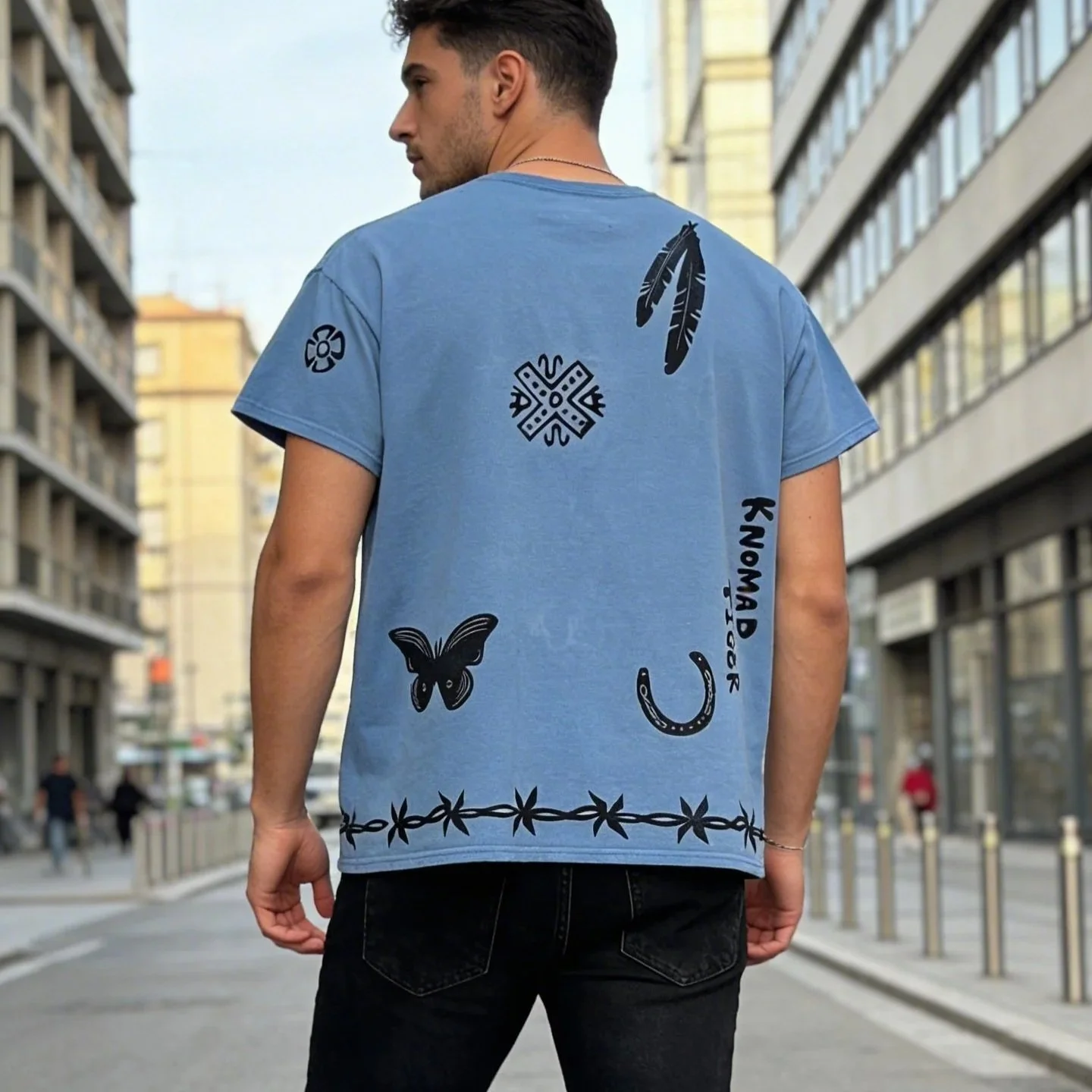 Upcycled Vintage Blue Hanes Tee - Block Stamped Sz Large