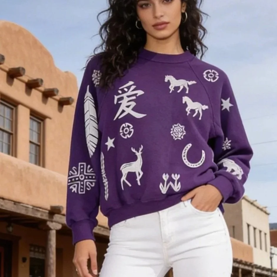 Upcycled Vintage Purple Sweatshirt with Block Stamping