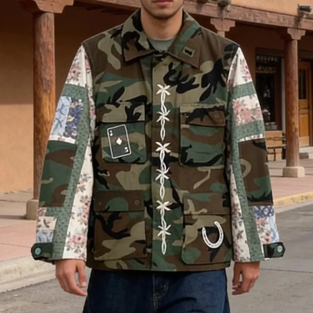 ReMade Army Jacket with Quilt Sleeves Large