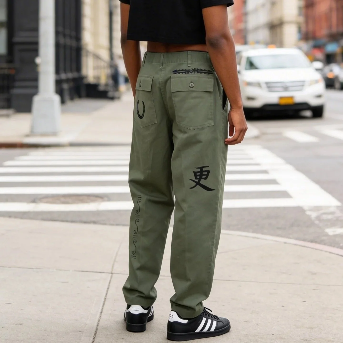 Upcycled Army Trousers with Block Print and Embroidery W34