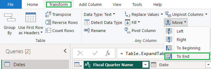 screenshot showing detail of ribbon: Transform: Move: To End. Fiscal Quarter Name column is selected
