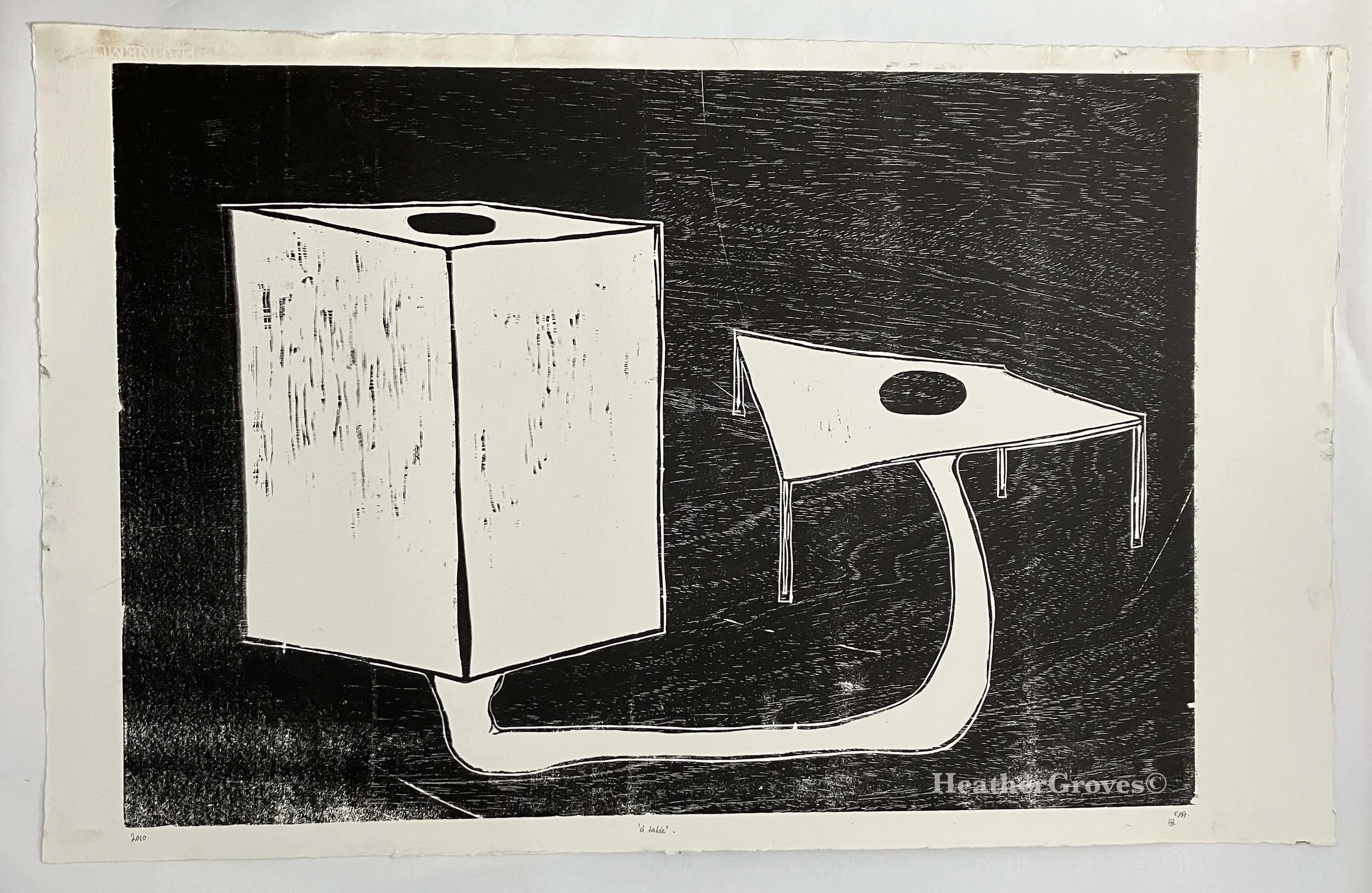 à table, 2010, woodcut, Charbonnel on arches©