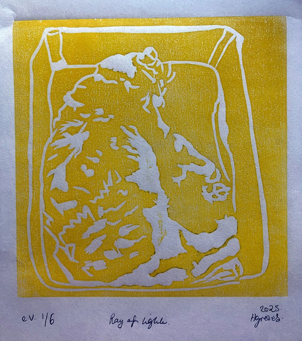 ray of light, woodcut on lightweight rice paper©2024