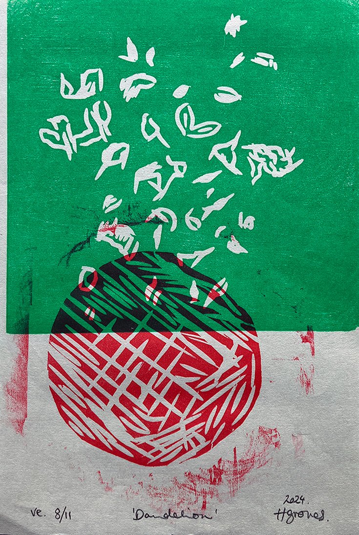 Dandelion, multi block woodcut on Kozo©2024