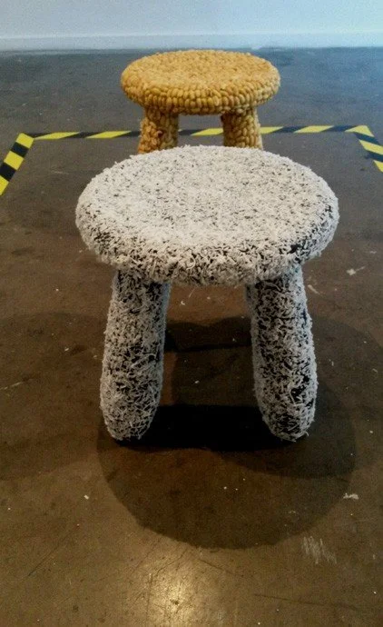 May contain nuts, 
choc-hazelnut spread lamington and peanut butter sandwich, 
ikea kids stools, glue, peanuts, coconut, black paint, caution tape, 2014©