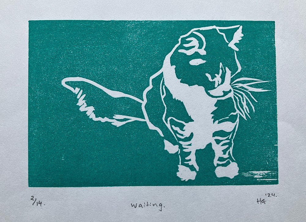 waiting, woodcut on archival blotting©2024