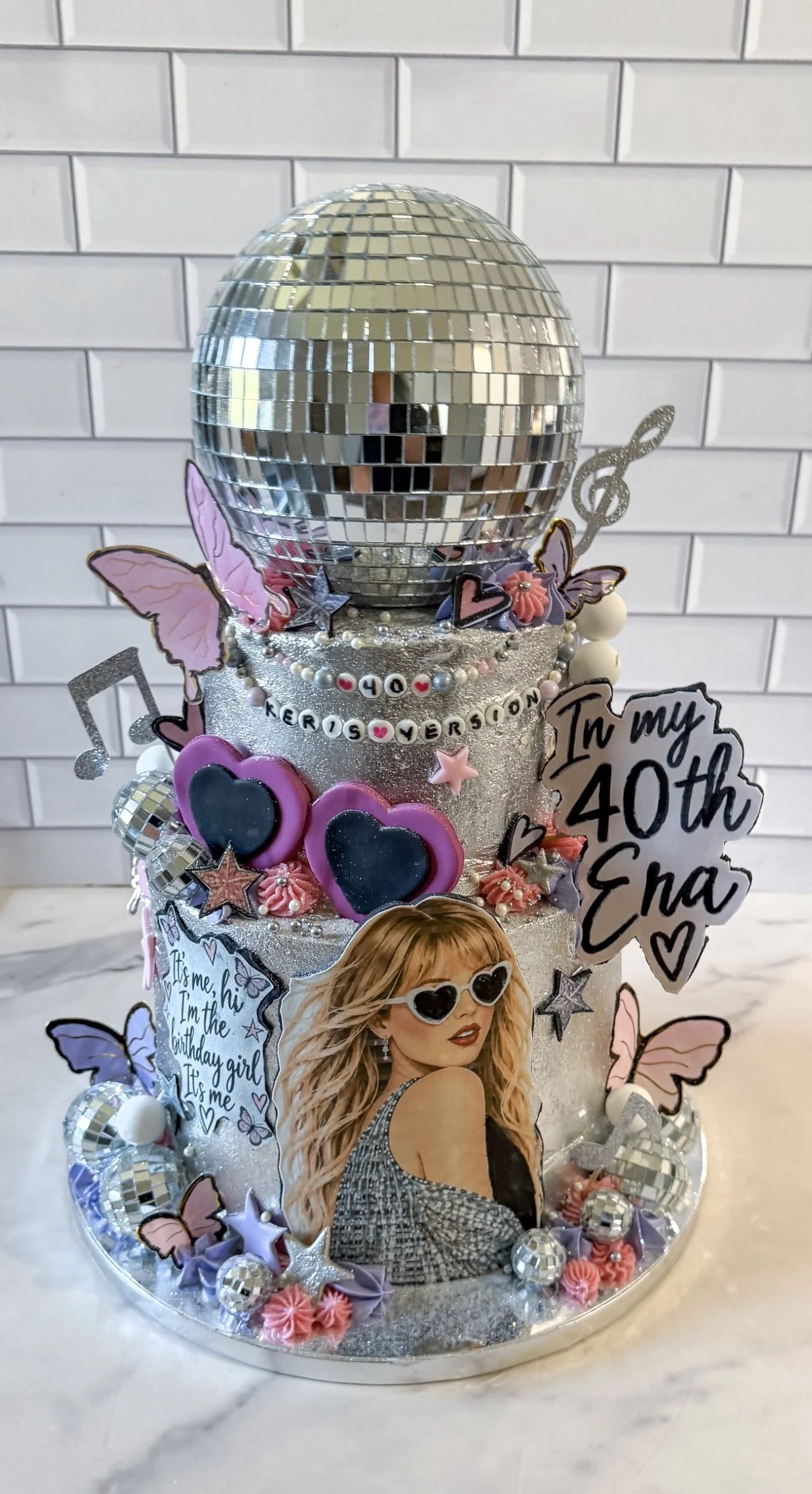 Vegan Taylor Swift Silver Metallic Cake with disco balls 