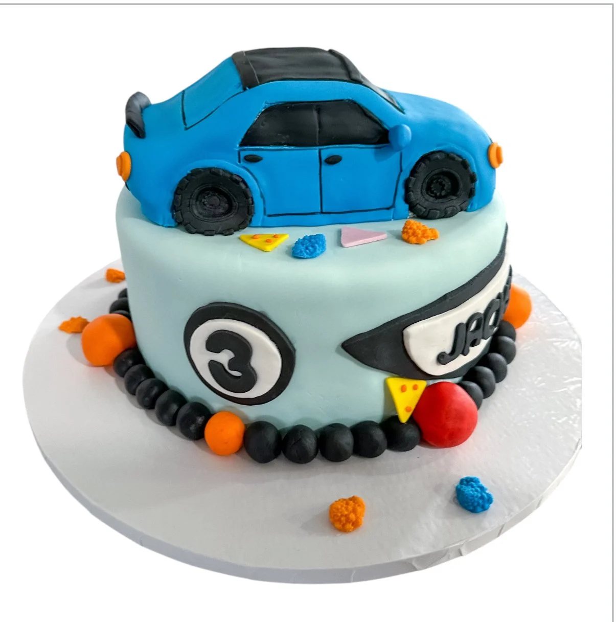vegan car shaped two-tier cake for boys birthday