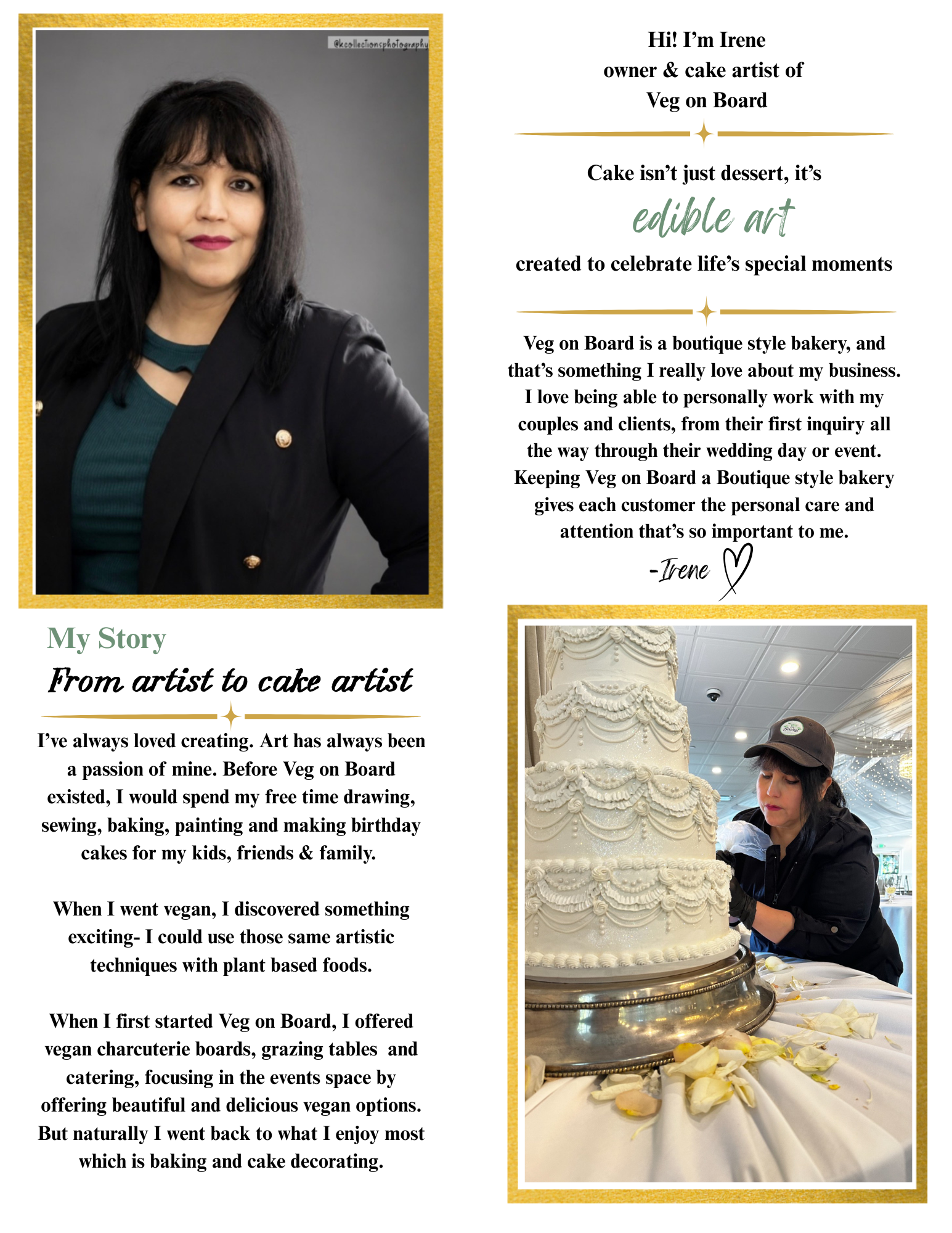 About me page of Irene Manieri owner and cake artist of Veg on Board vegan & allergy friendly custom cakes