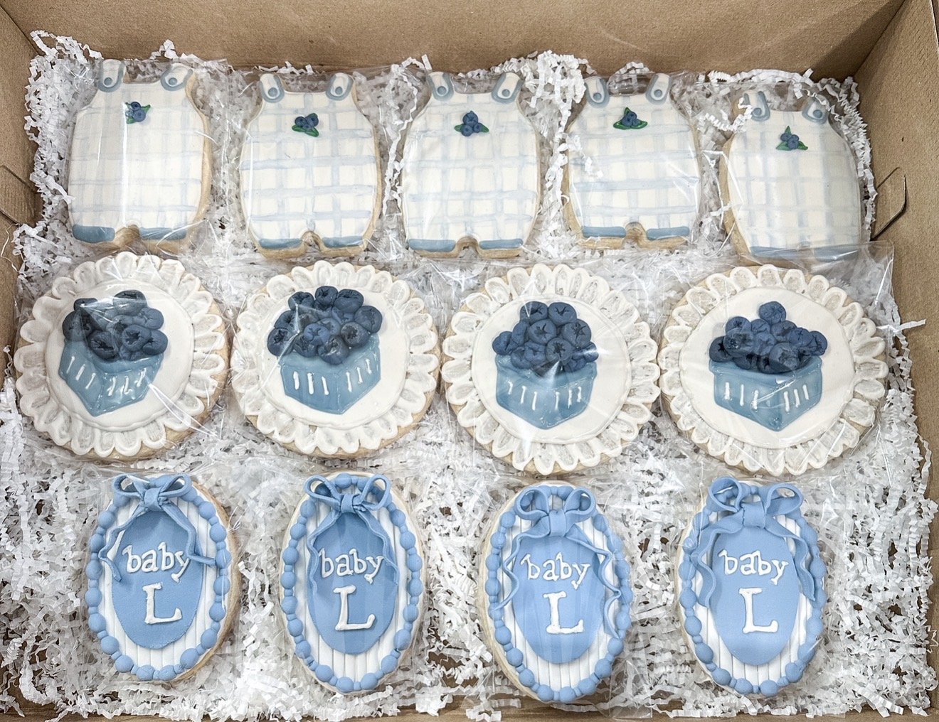 Vegan custom blueberry themed cookies by Veg  on Board for a baby shower to celebrate a baby boy in Bellport, NY