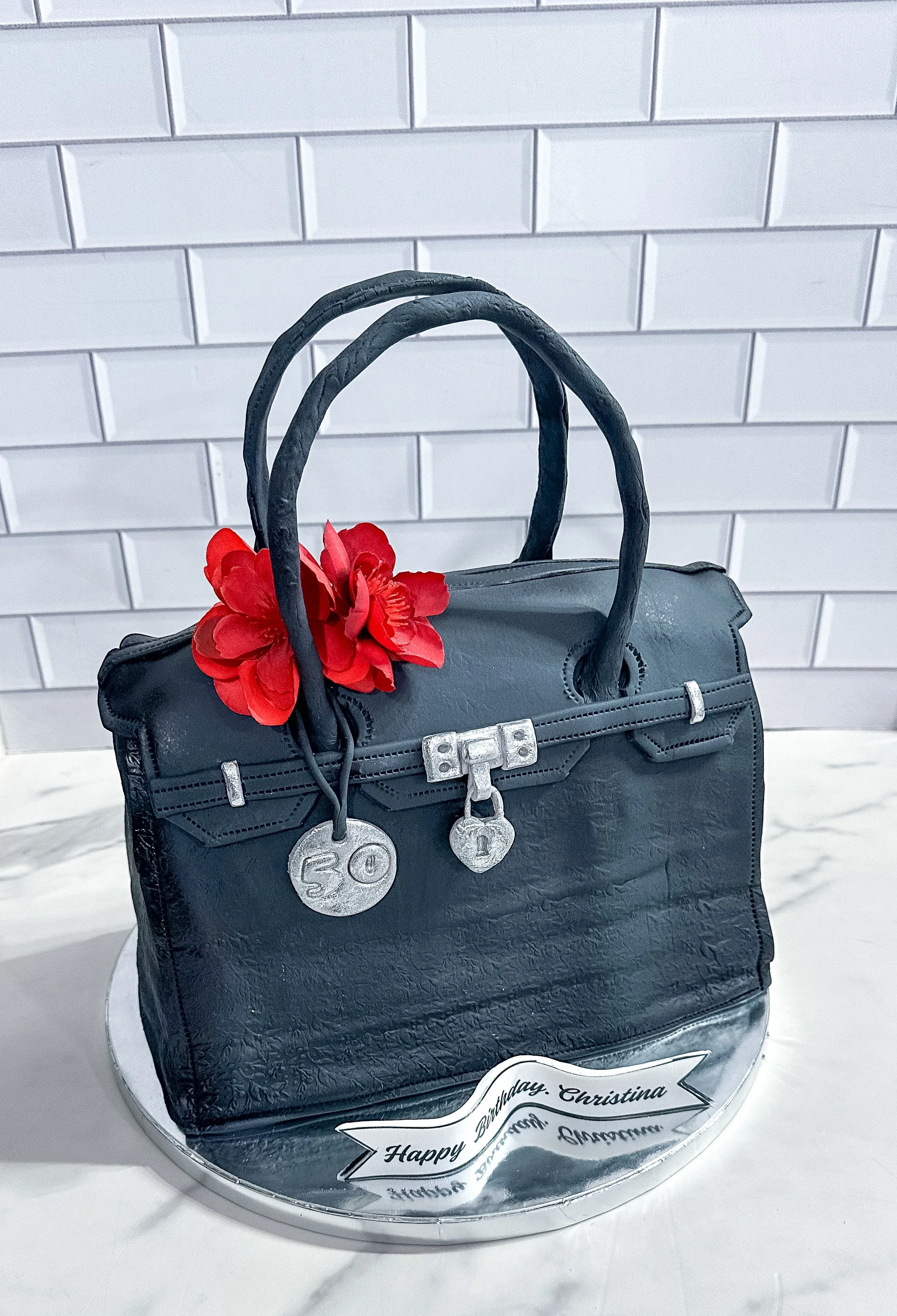 Custom Luxury handbag cake with red floral designed by Veg on Board, vegan celebration cake on Long Island