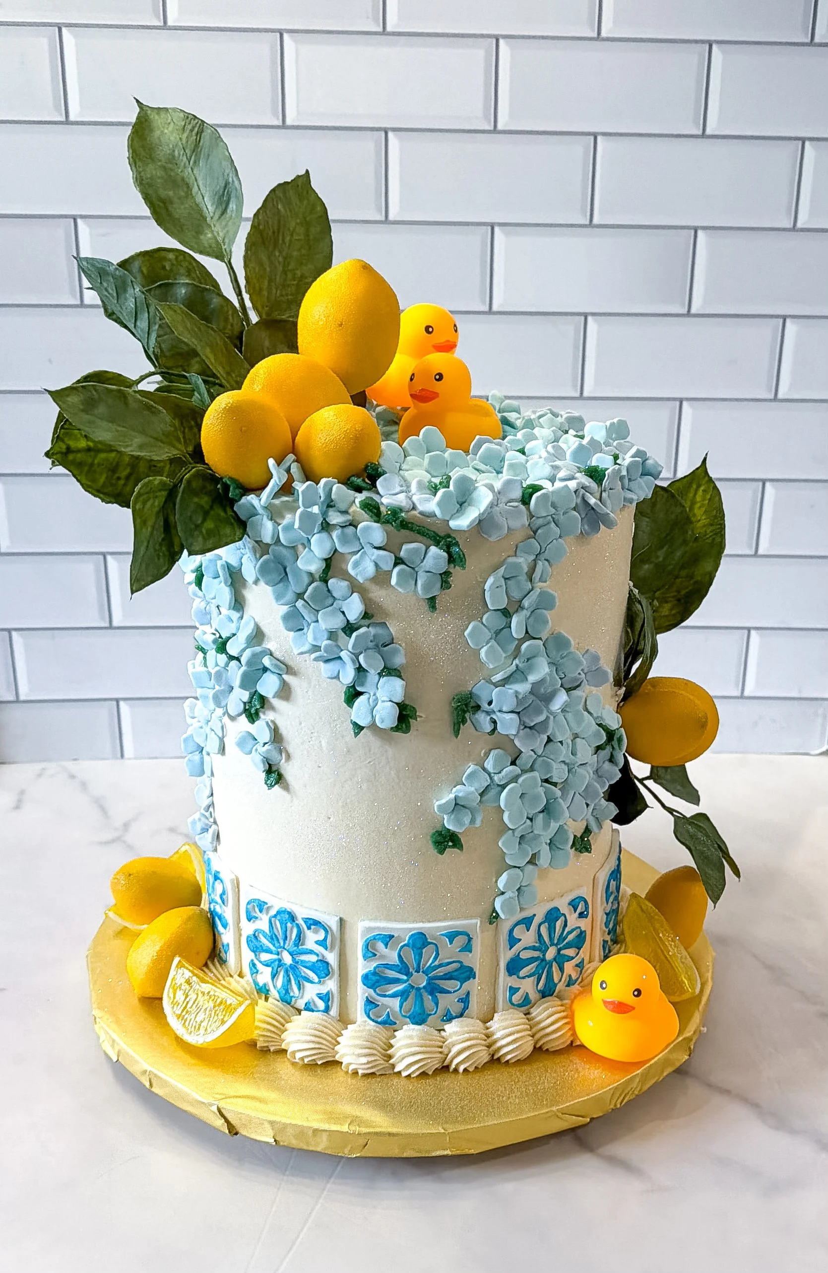 Vegan Amalfi inspired cake with fondant hydrangeas