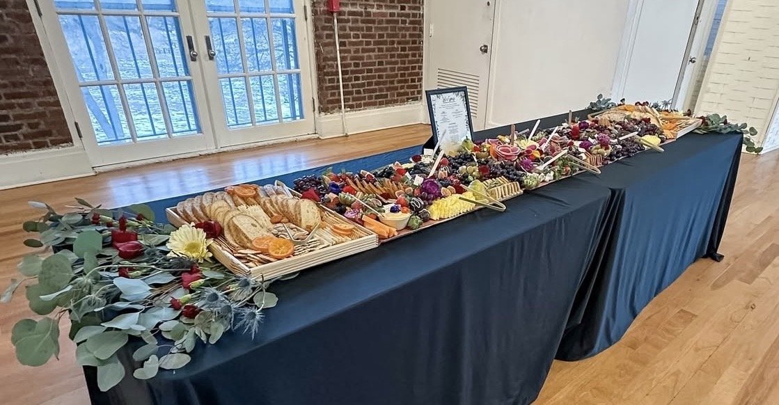 Six foot vegan grazing table by Veg on Board for a wedding at Prospect Park Picnic House