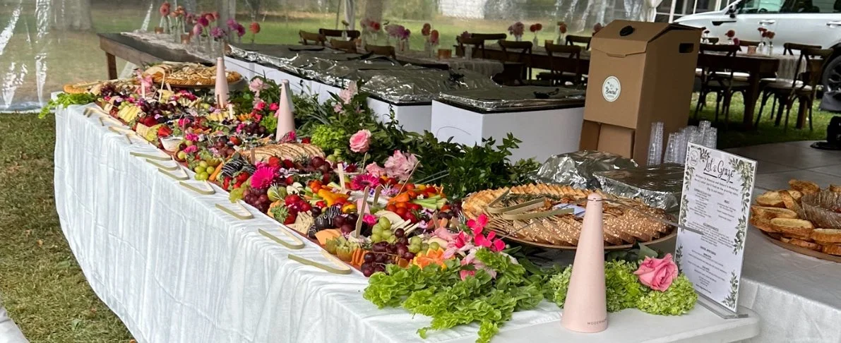 vegan grazing table with fresh fruit and plant based cheeses for wedding reception by Veg on Board Long Island
