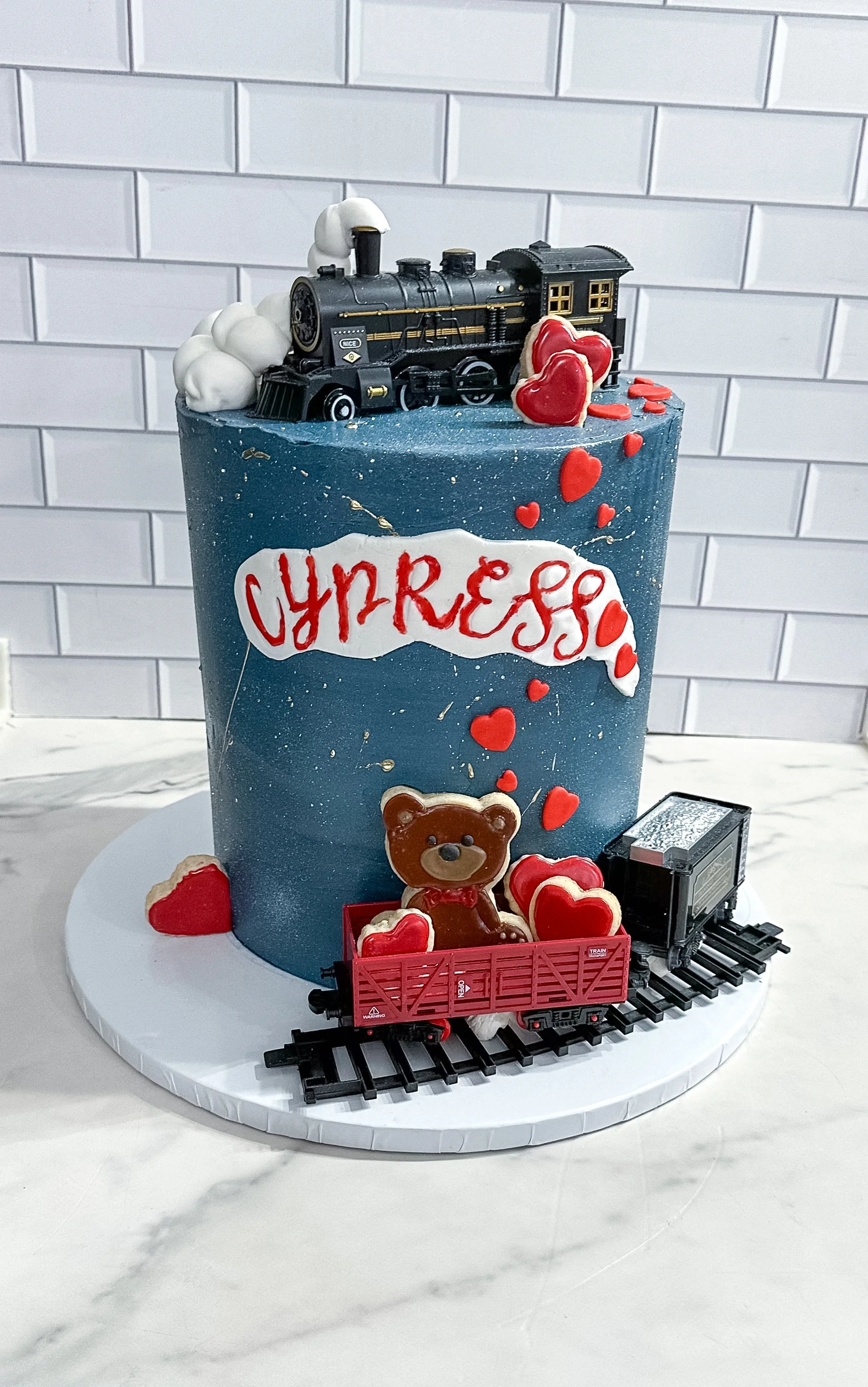 custom vegan cake train theme for kids birthday veg on board Long Island NY