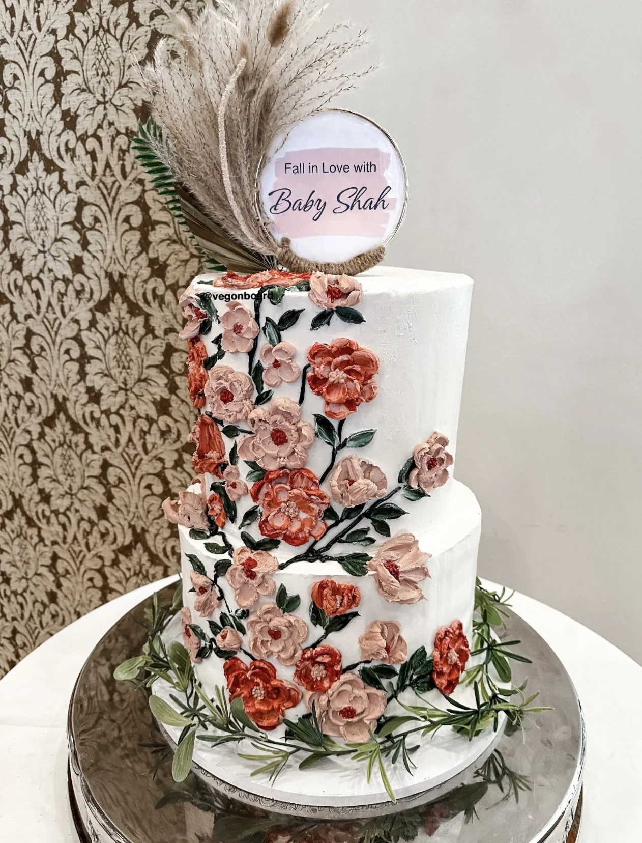 Elegant floral baby shower cake with hand detailed flowers deigned by Veg on Board on Long Island