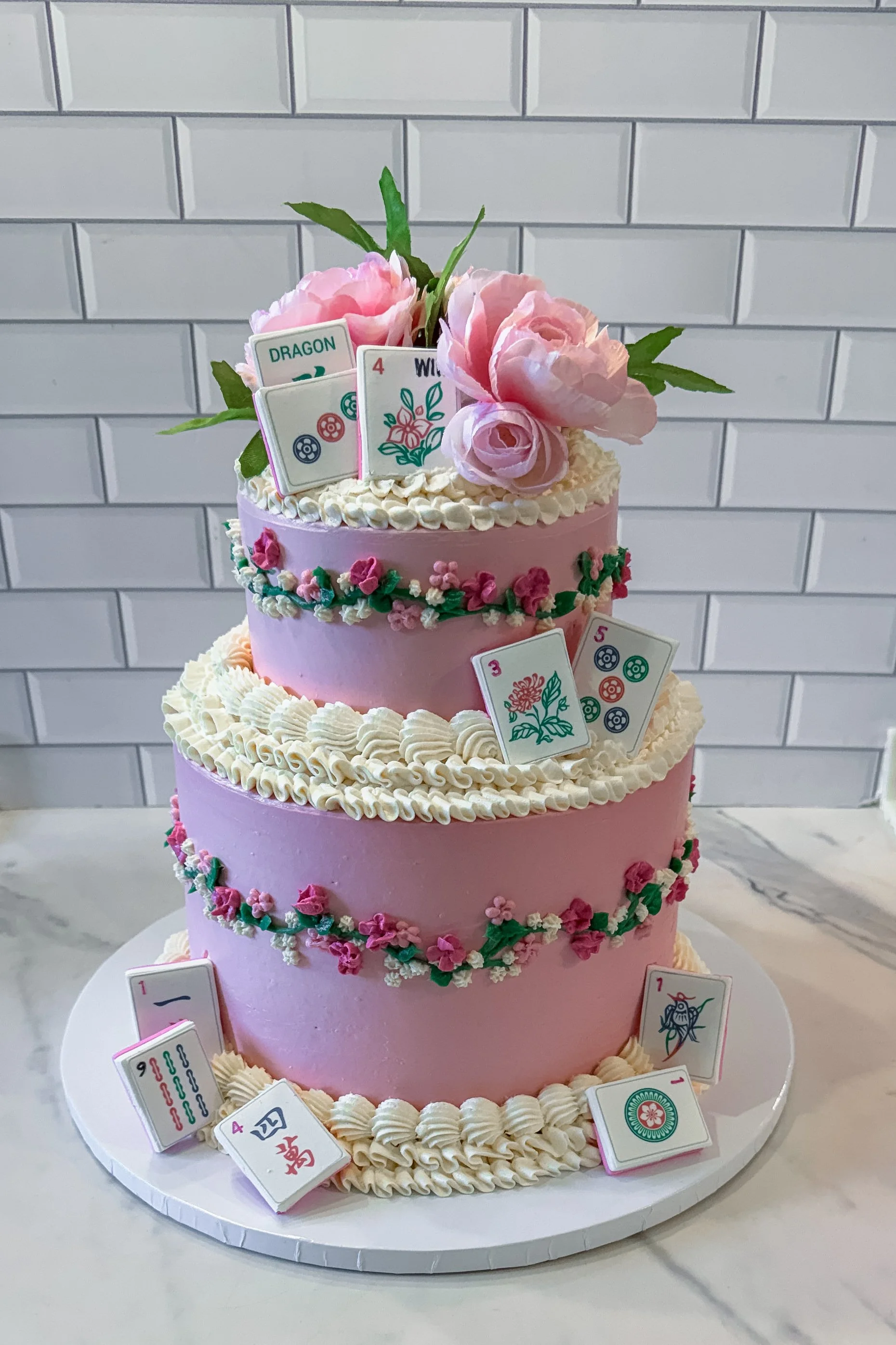 Vegan Vintage floral pink cake two tier by veg on board