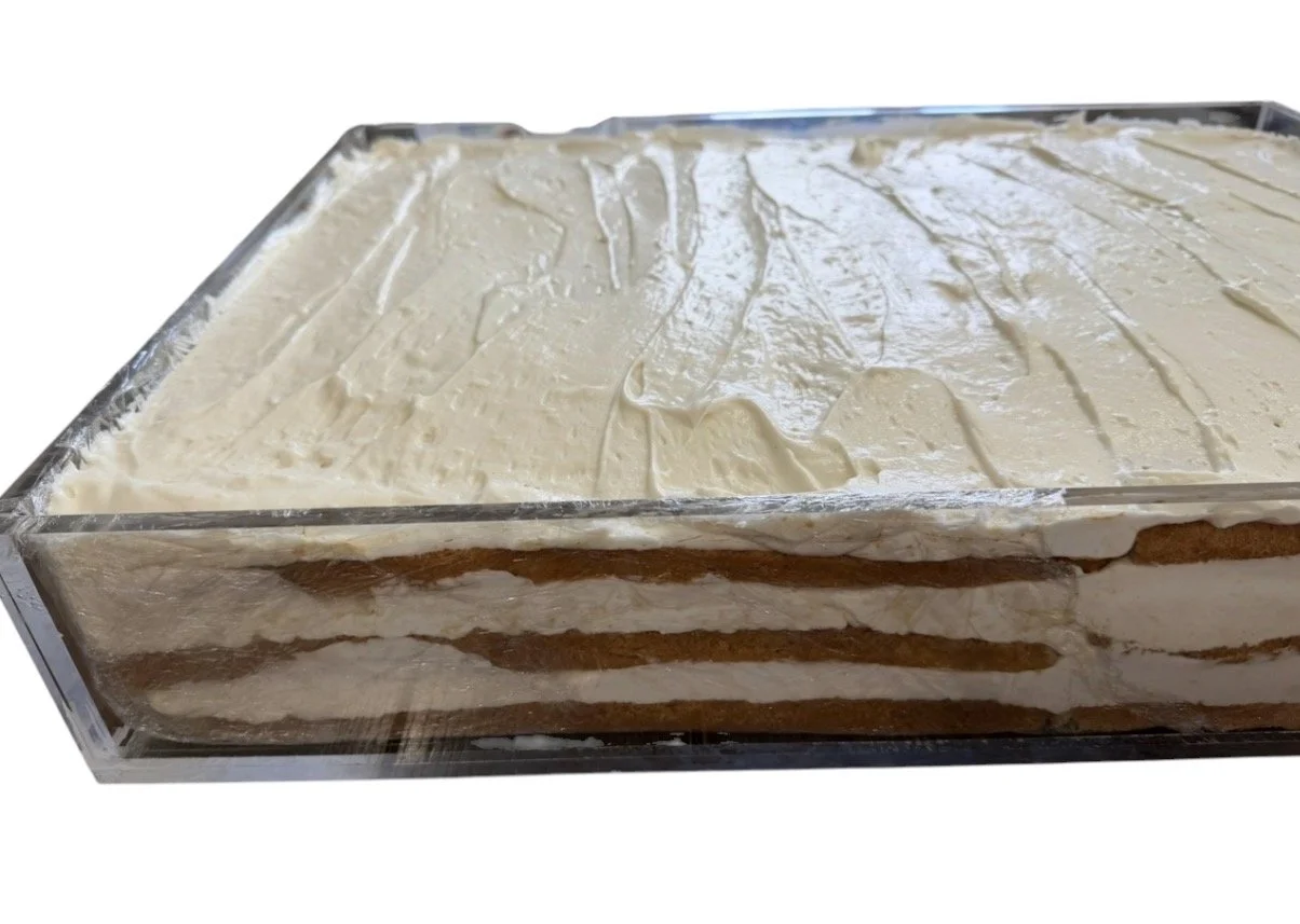 vegan wedding tiramisu layers showing through custom made acrylic tray