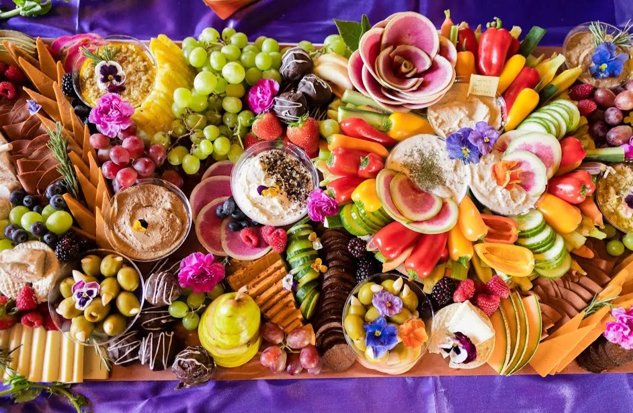 Vegan grazing table for a wedding cocktail hour at Hallockville Museum & farm in Riverhead by Veg on Board