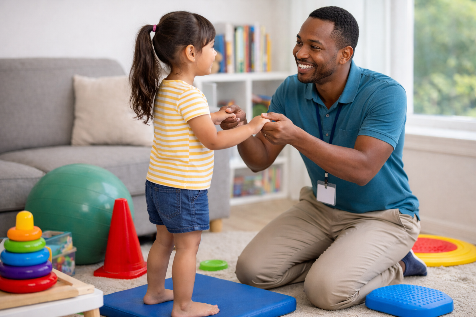 Pediatric physical therapist providing home-based therapy to a child in Arizona