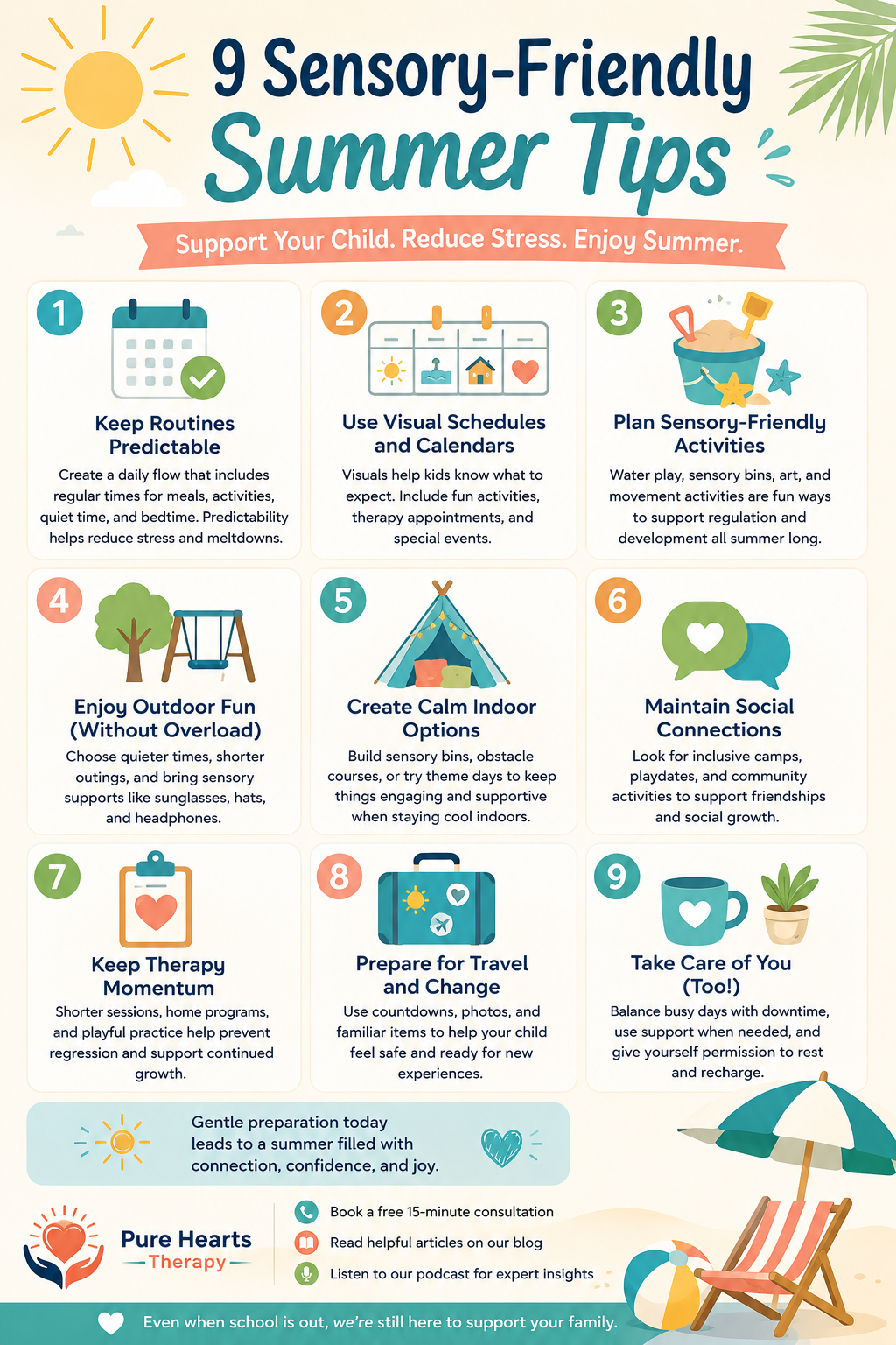 Infographic showing sensory-friendly summer planning and neurodiversity-affirming parenting strategies for autistic children