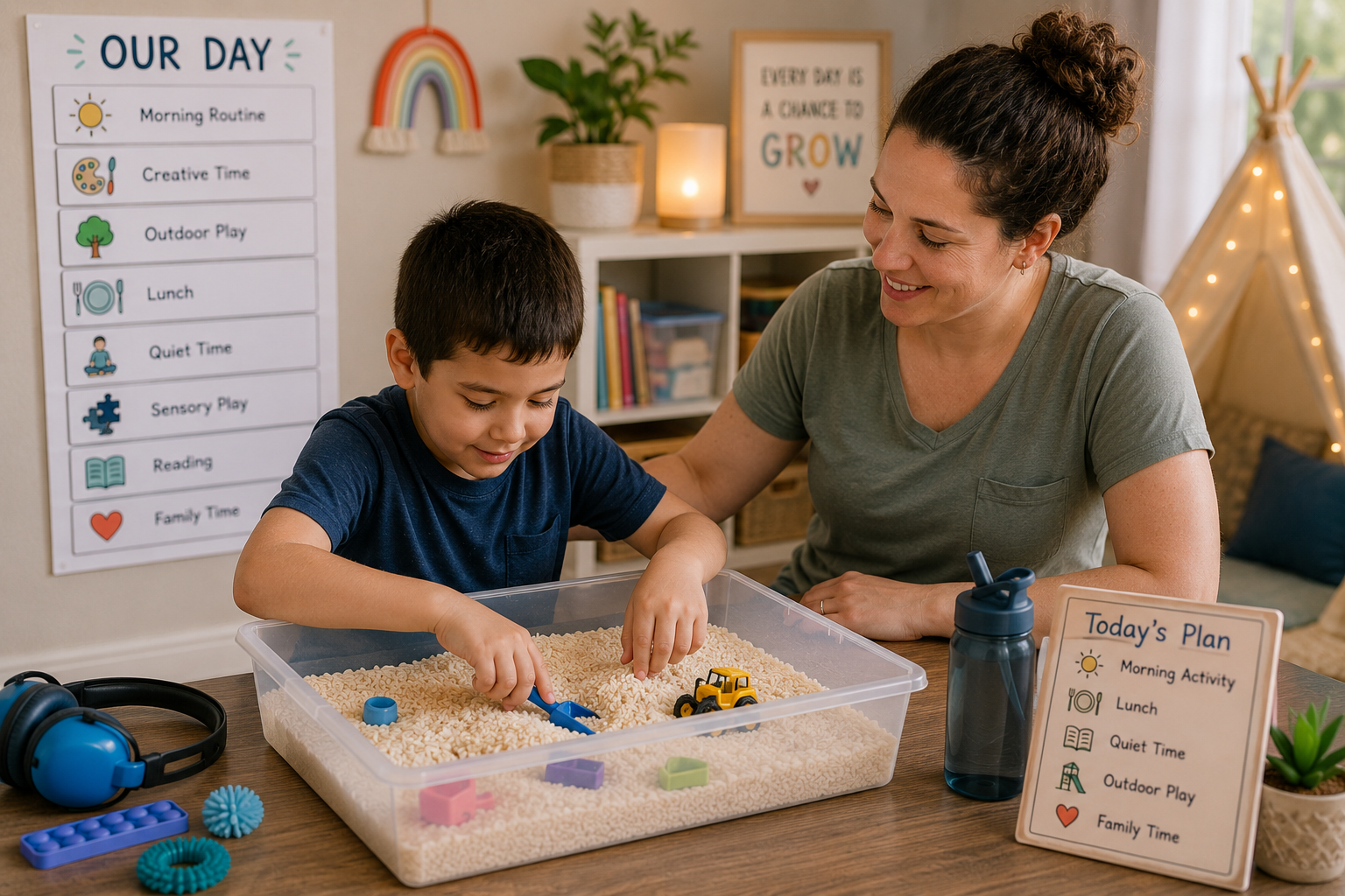 Parent supporting autistic child during a calm structured indoor activity with visual routine supports and sensory-friendly setup
