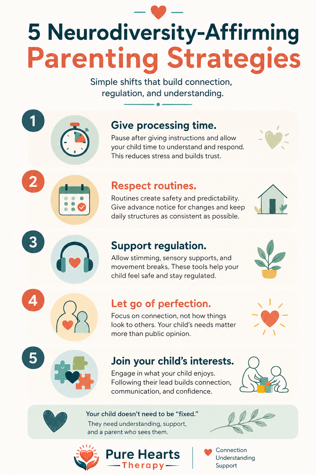 Infographic showing neurodiversity-affirming parenting strategies for autistic children
