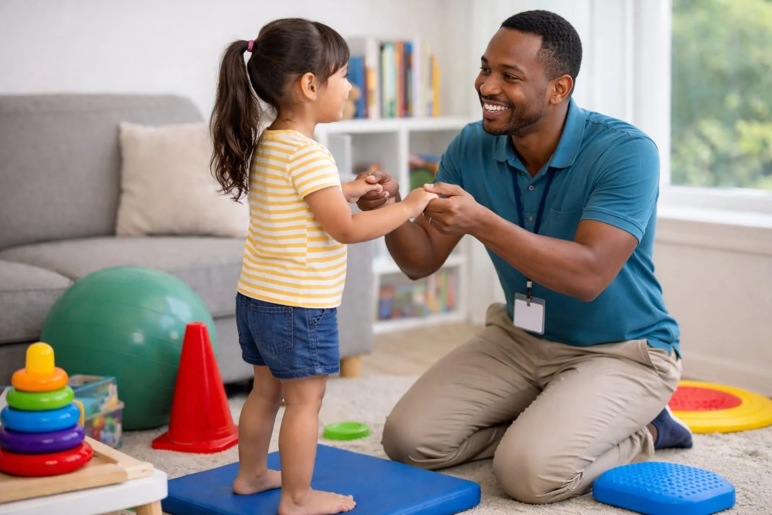 Pediatric therapy professional working with children during home-based therapy session in Arizona