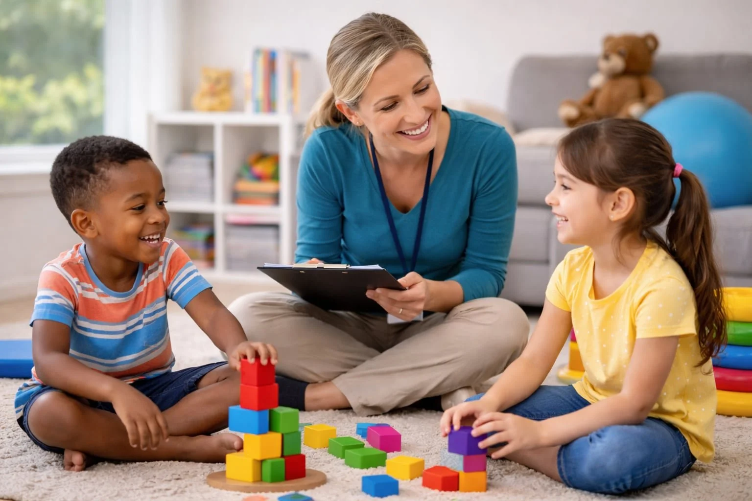 Pediatric therapist engaging two children in play-based therapy during a home session in Arizona
