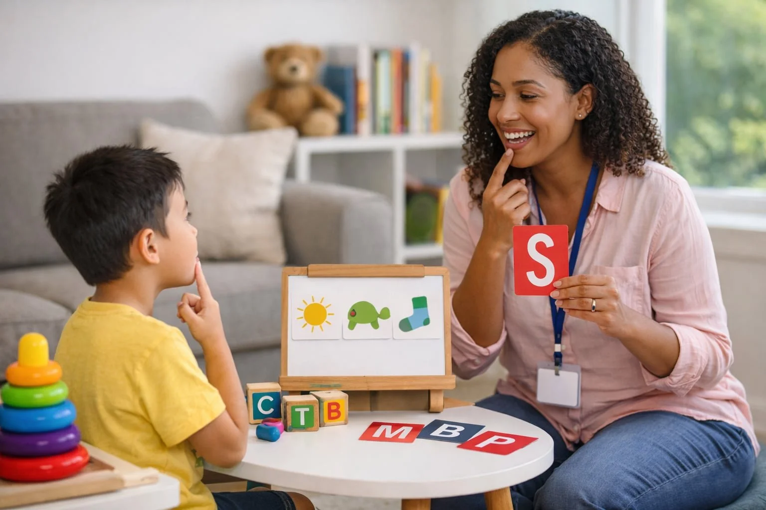 Pediatric speech-language pathologist working with a child on articulation and expressive communication during an in-home therapy session in Arizona