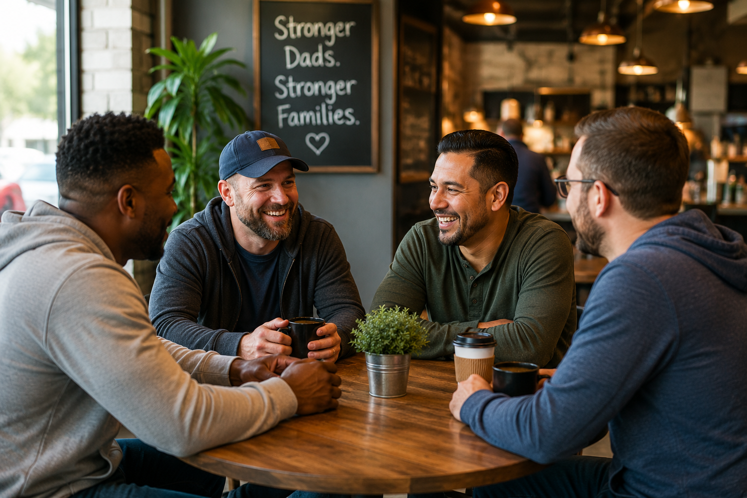 Group of fathers connecting during a relaxed autism parent meetup