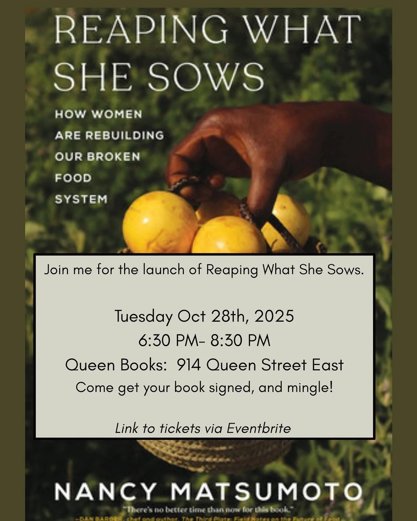 Toronto friends! 

Swapping out this much better post from the talented @lalaurita_p !

You&rsquo;re all invited to my pub day book talk @queenbooksto, October 28, 6:30-8:30 pm.

It&rsquo;s the day my new book, &ldquo;Reaping What She Sows: How Women