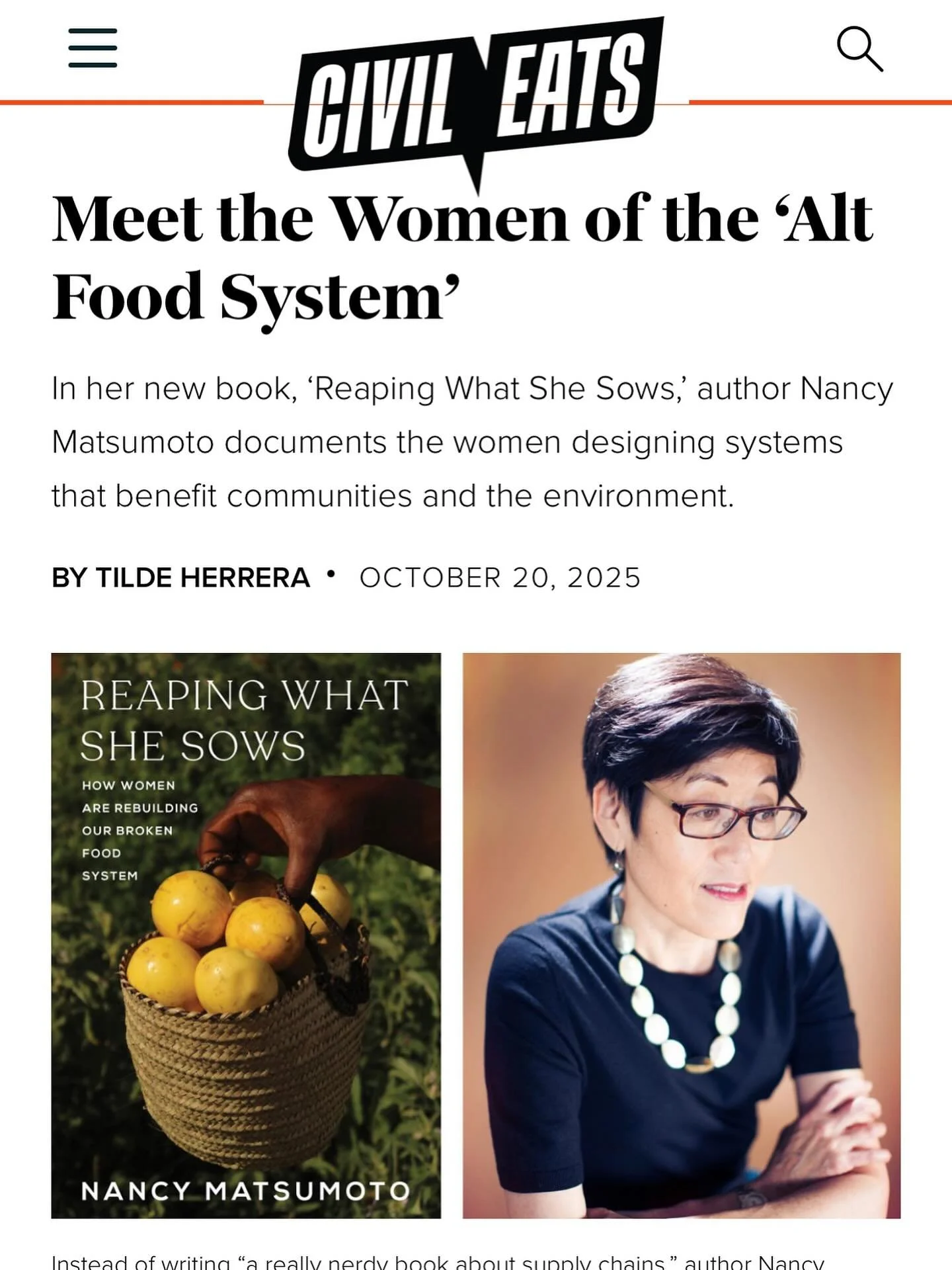 For a great distillation of the themes of &ldquo;Reaping What She Sows: How Women Are Rebuilding Our Broken Food System,&rdquo; (launching tomorrow, FYI!) check out this @civileats story. 🙏 #tildeherrera + the entire Civil Eats team for your support