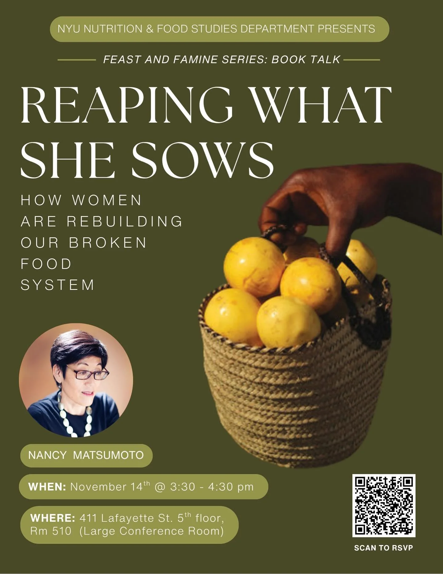 I have so much to tell you about my next swing through New York City + environs! 

Starting with this November 14th 3:30-3:40 pm talk @nyusteinhardt Nutrition + Food Studies Department. It&rsquo;s part of the &ldquo;Feast + Famine&rdquo; series, so I
