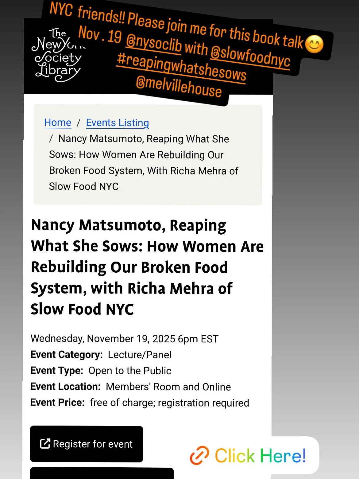 New York Friends!

Exciting book talk alert for &ldquo;Reaping What She Sows:&rdquo; 

On November 19th I&rsquo;ll be in conversation @nysoclib with @richamehra, vice chair of the @slowfoodnyc board🐌😊. My book&rsquo;s message and that of Slow Foods