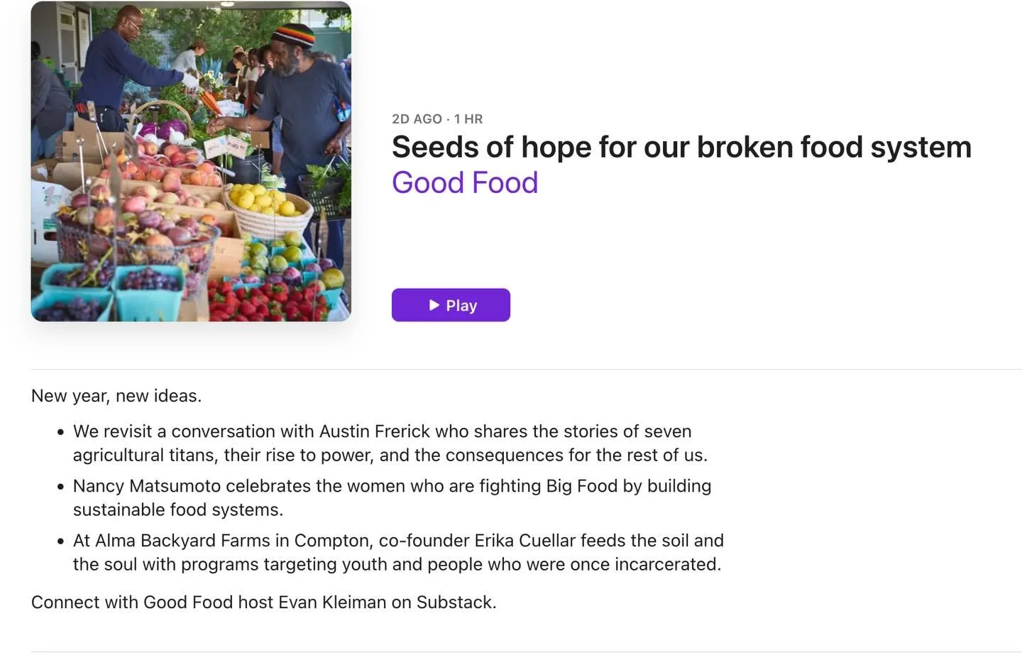 Big 🙏 ❣️to @kcrwevan + the whole team @kcrwgoodfood for featuring me + my📕, &ldquo;Reaping What She Sows: How Women Are Rebuilding Our Broken Food System&rdquo; in their first podcast of 2026🎆🎉!
&nbsp;
&nbsp;I&rsquo;m honored to be alongside @aus