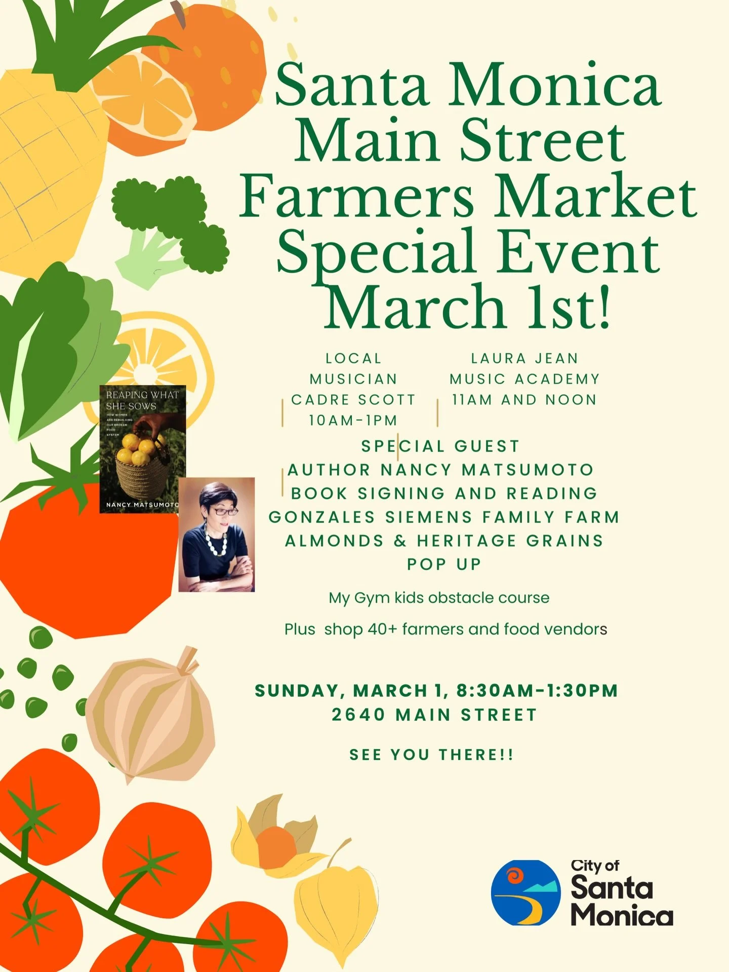 Los &Aacute;ngeles friends!

On Sunday, March 1, I&rsquo;ll be appearing at the Main Street @smfms (Santa Monica Farmers Market) to sell + sign copies of &ldquo;Reaping What She Sows: How Women Are Fixing Our Broken Food System&rdquo;📕.

I&rsquo;m s