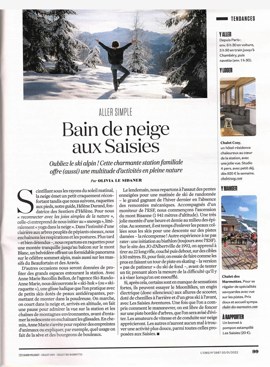 Magazine avec photo d'une personne dans la neige, texte sur "Bain de neige aux Saisies". Informations sur les activités en plein air à cette station, comme le snowga, raquettes et autres. Section avec conseils sur le trajet depuis Paris et logement au Chalet Cosy.